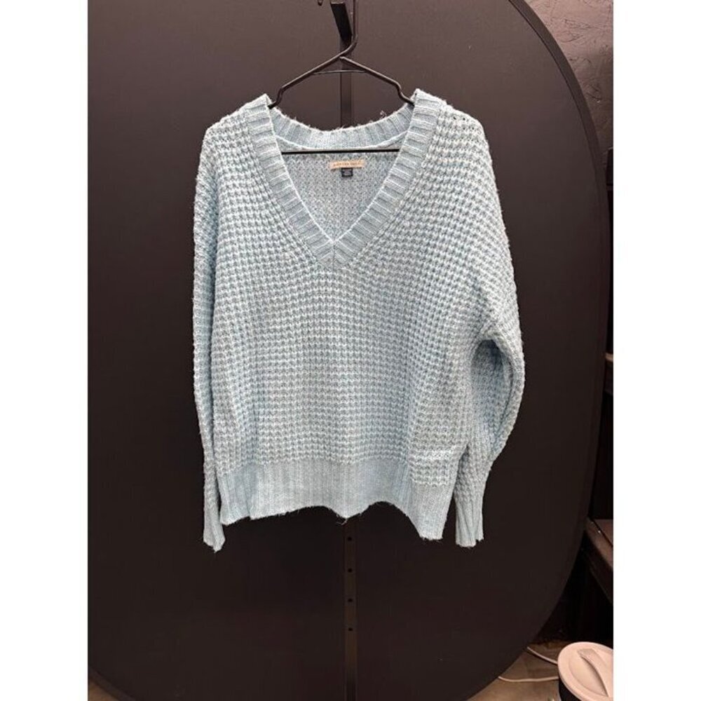 American Eagle Blue Waffle Knit V-Neck Sweater